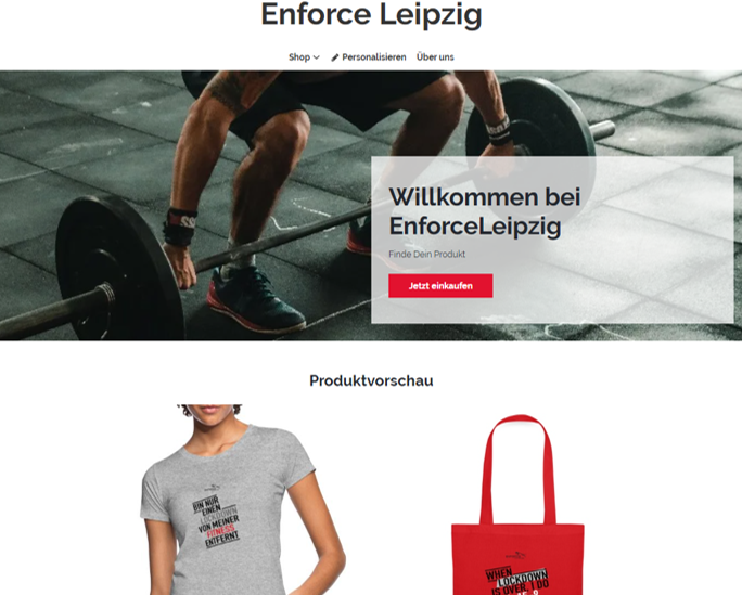 Darstellung der Affiliateseite von Spreadshirt für ENFORCE Leipzig.