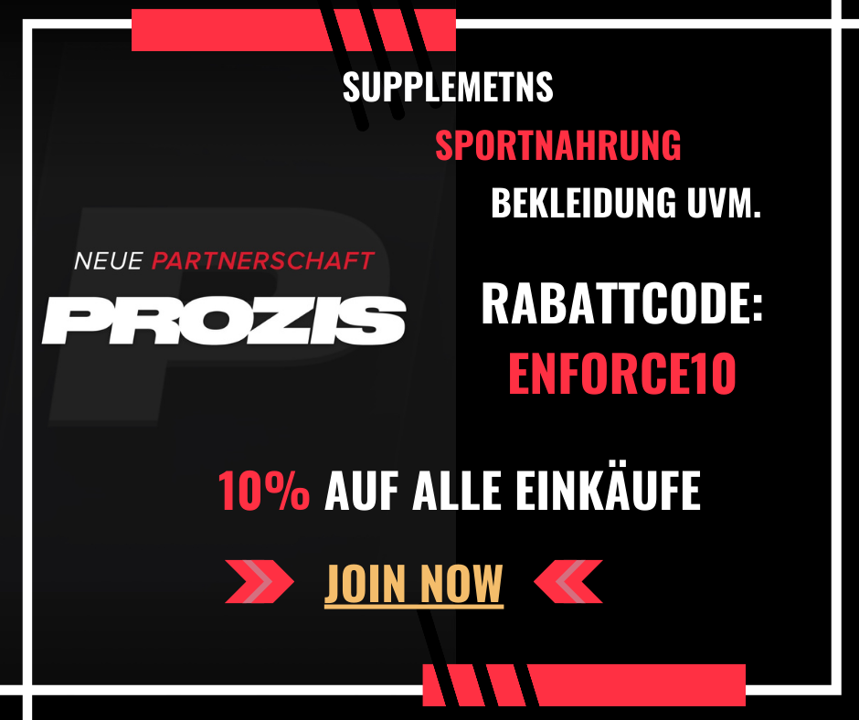 Dies ist ein Werbebild für den Onlineshop von Prozis. Es handelt sich um Nahrungsergänzungsmittel und Sportlerbedarf. Dazu die Information mit dem Code: ENFORCE10 10 % bei jedem Einkauf zu sparen.